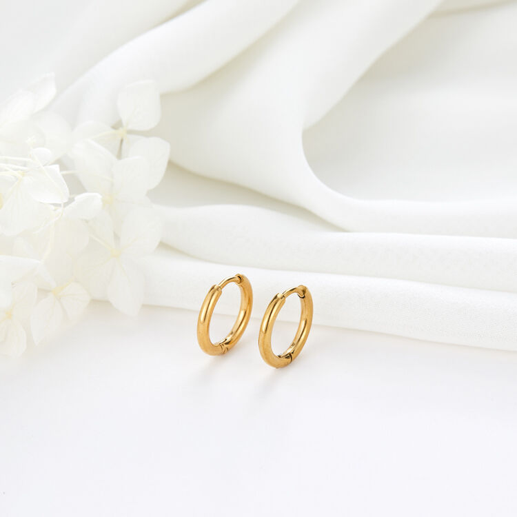 quality Fashion Jewelry PVD 14K Gold Plated Stainless Steel Round Hoop Earrings 11mm 14mm Huggies Earring factory