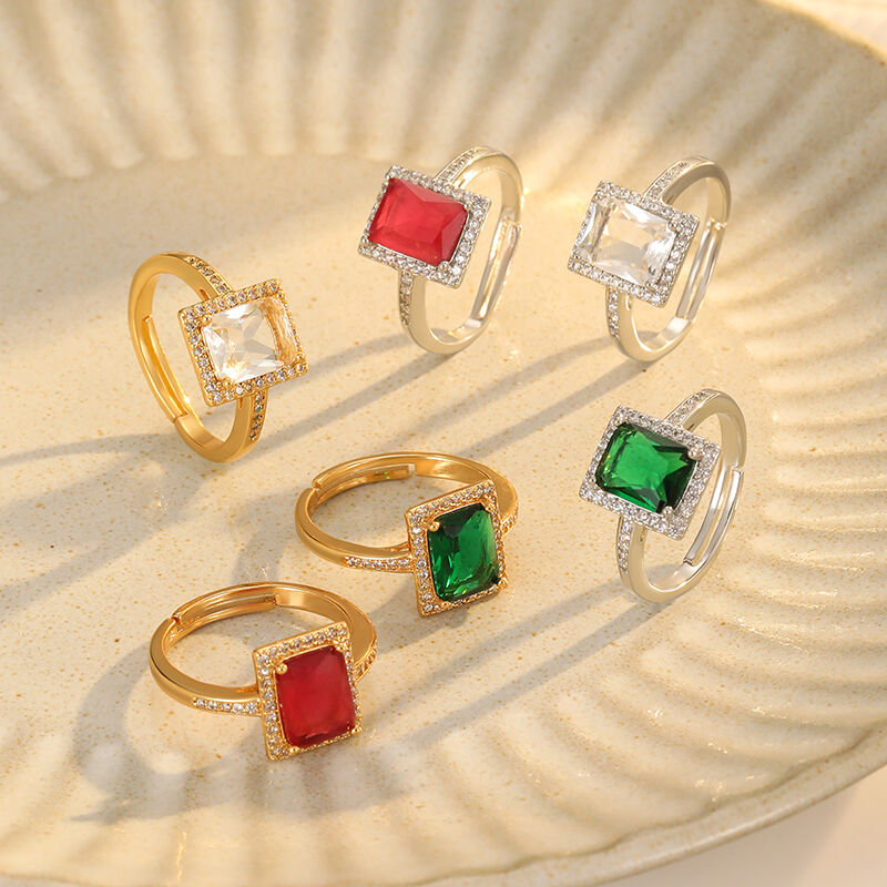 quality Wholesale Fashion Brass 18K Gold Plated White Red Green Zircon Adjustable Personalized Open Irregular Unisex Ring factory