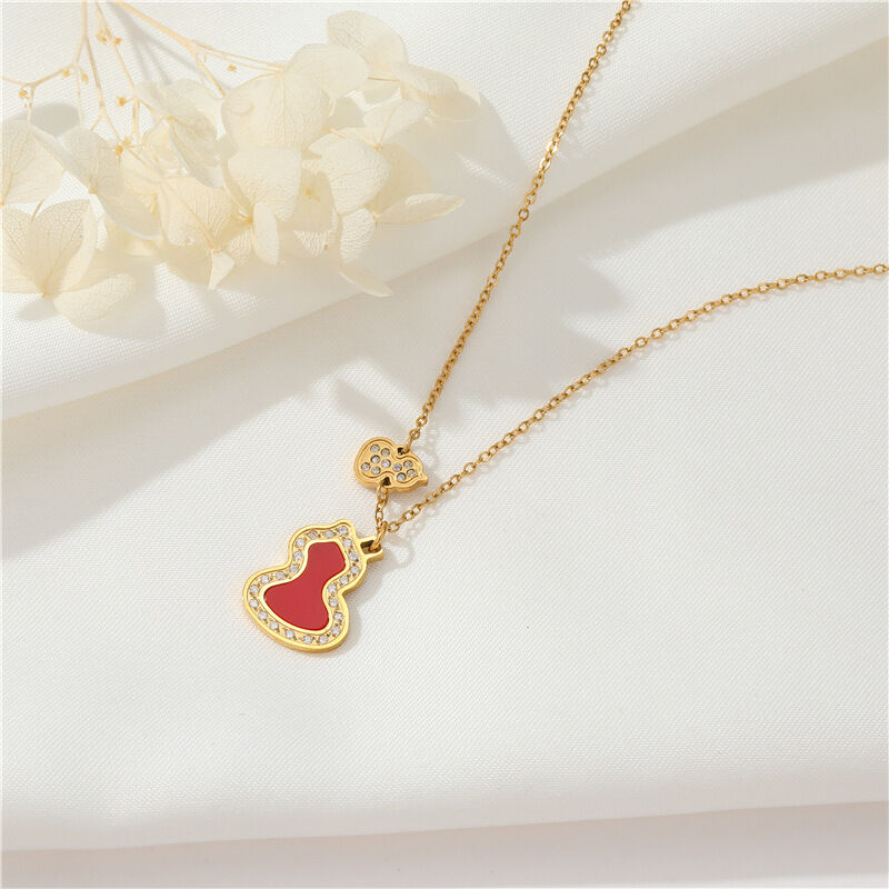 quality 18K Vacuum Electroplated Stainless Steel Women's Necklace Micropaved Zircon Double Gourd Necklace Stainless Steel Jewelry factory
