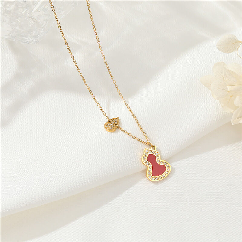 quality 18K Vacuum Electroplated Stainless Steel Women's Necklace Micropaved Zircon Double Gourd Necklace Stainless Steel Jewelry factory