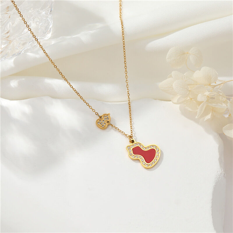 quality 18K Vacuum Electroplated Stainless Steel Women's Necklace Micropaved Zircon Double Gourd Necklace Stainless Steel Jewelry factory