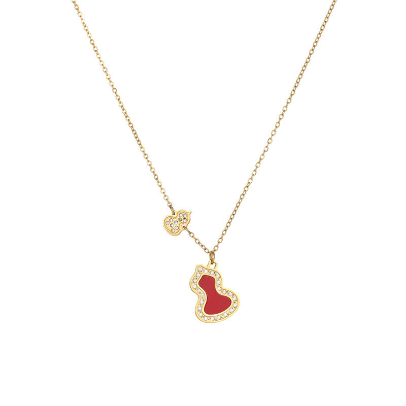 quality 18K Vacuum Electroplated Stainless Steel Women's Necklace Micropaved Zircon Double Gourd Necklace Stainless Steel Jewelry factory