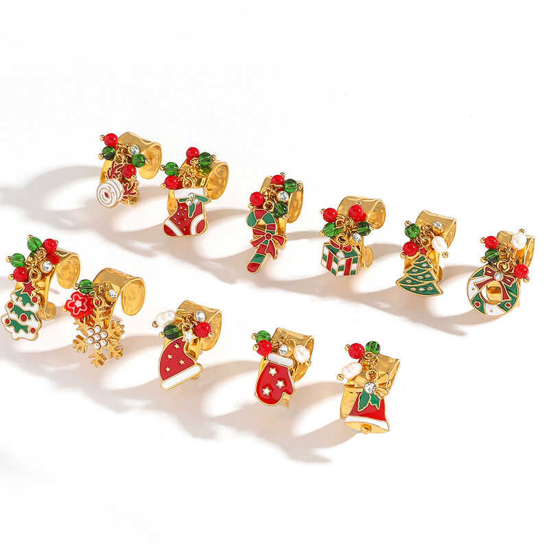quality Fashion Popular Stainless Steel Enamel Christmas Tree Stocking Reindeer Snowflake Jewelry Rings 18k Gold Plated Adjustable Ring factory