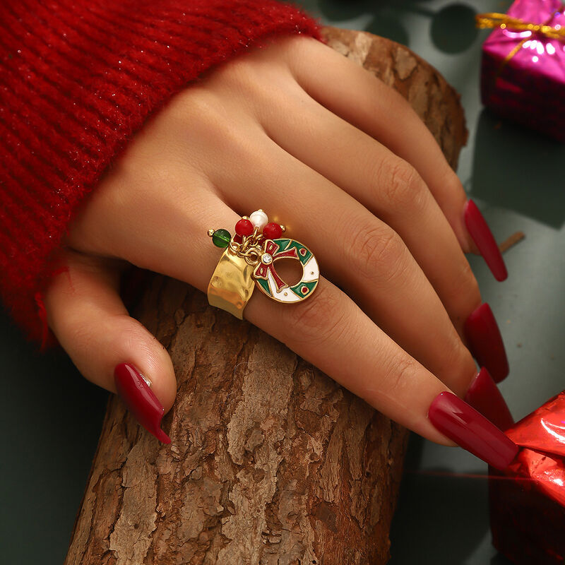 quality Fashion Popular Stainless Steel Enamel Christmas Tree Stocking Reindeer Snowflake Jewelry Rings 18k Gold Plated Adjustable Ring factory