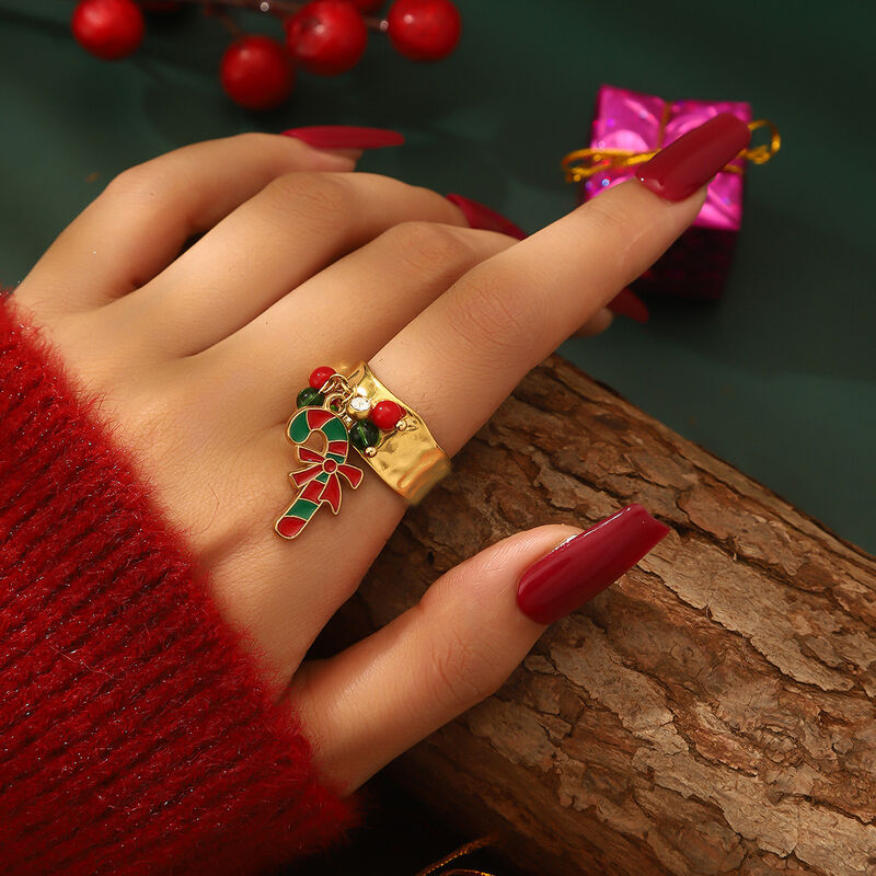 quality Fashion Popular Stainless Steel Enamel Christmas Tree Stocking Reindeer Snowflake Jewelry Rings 18k Gold Plated Adjustable Ring factory