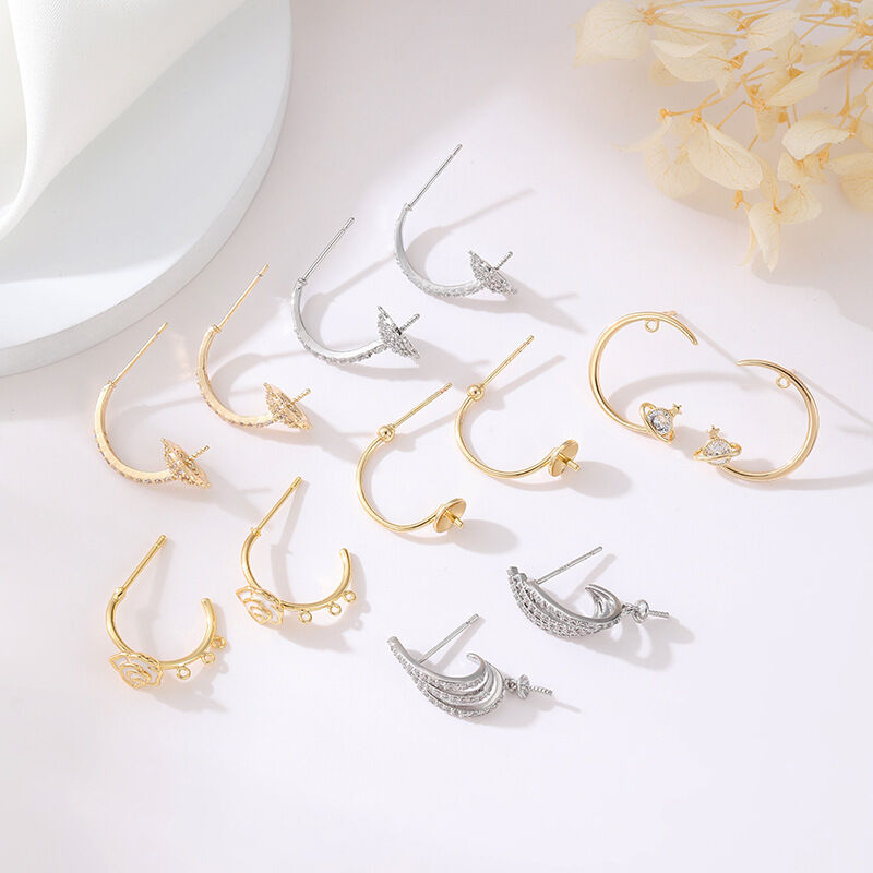 quality Diy 14K Gold Zircon Pearl Holder C Shaped Circular Semi Circular Saturn Studs Silver Needle Semi Finished Earrings Accessories factory