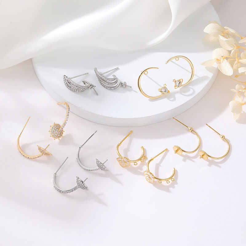 quality Diy 14K Gold Zircon Pearl Holder C Shaped Circular Semi Circular Saturn Studs Silver Needle Semi Finished Earrings Accessories factory