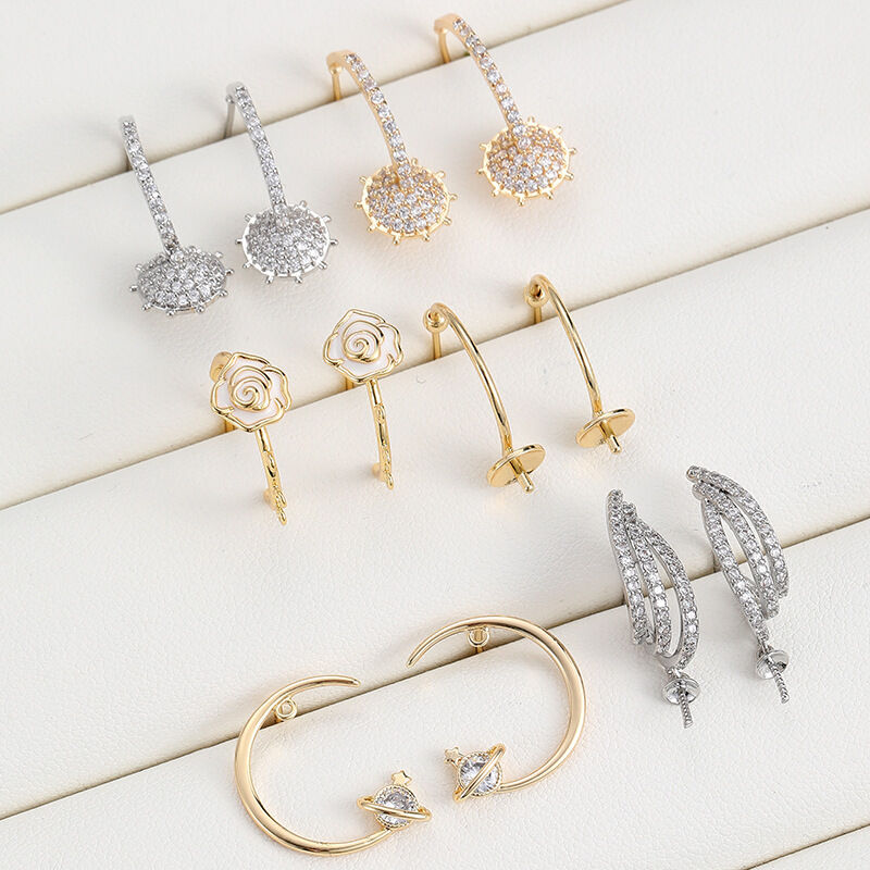 quality Diy 14K Gold Zircon Pearl Holder C Shaped Circular Semi Circular Saturn Studs Silver Needle Semi Finished Earrings Accessories factory