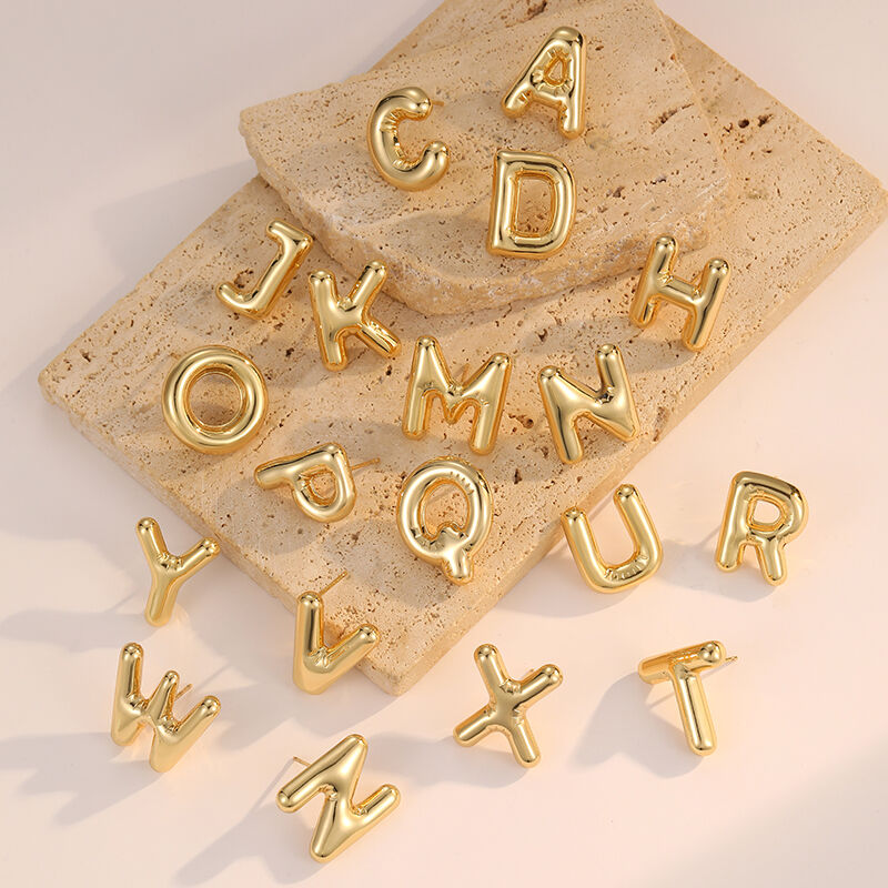 quality Jiexing Hot Selling 14K Gold Plated 925 Silver Needles A-Z Studs Smooth Surface Bubbles 26 English Letter Earrings factory