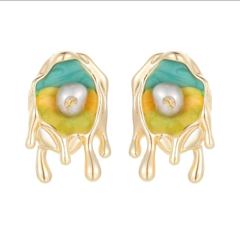 quality Fashion 14K Plate Gold French Retro Baroque Natural Pearl Earrings Enamel Monet Garden Style Studs Jewelry Gift factory