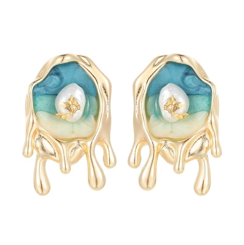quality Fashion 14K Plate Gold French Retro Baroque Natural Pearl Earrings Enamel Monet Garden Style Studs Jewelry Gift factory