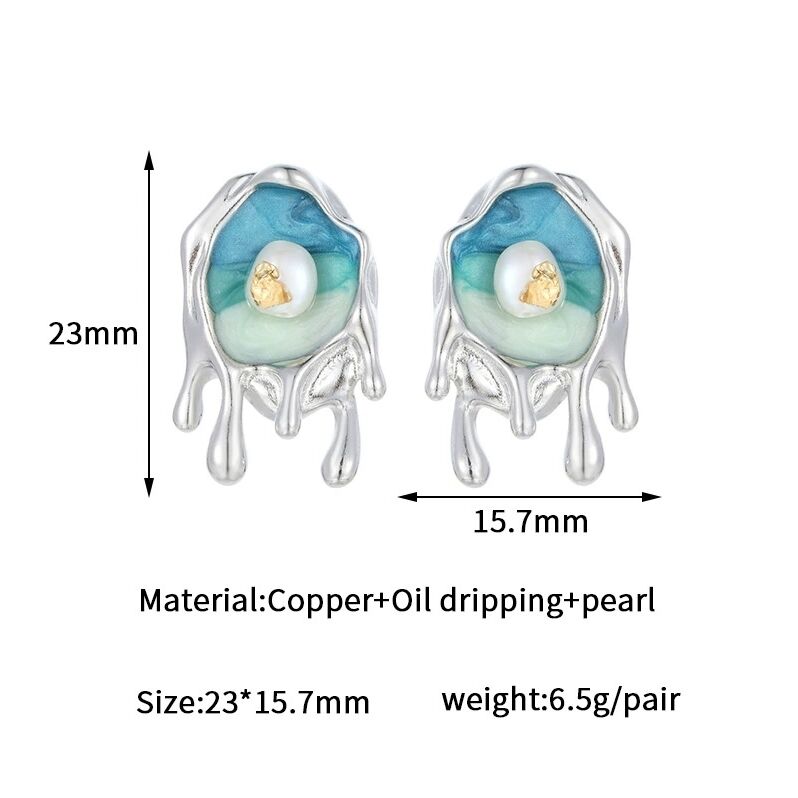quality Fashion 14K Plate Gold French Retro Baroque Natural Pearl Earrings Enamel Monet Garden Style Studs Jewelry Gift factory