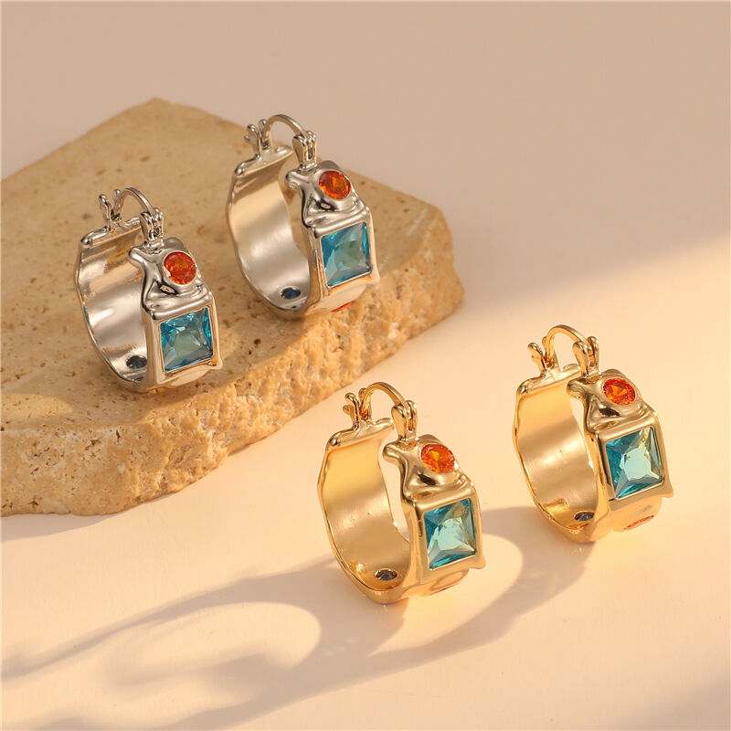 quality Wholesale French Retro Palace Folds Brass Gold Plated Inlaid Colorful Zircon Earrings Ear Buckles Earring Hook factory