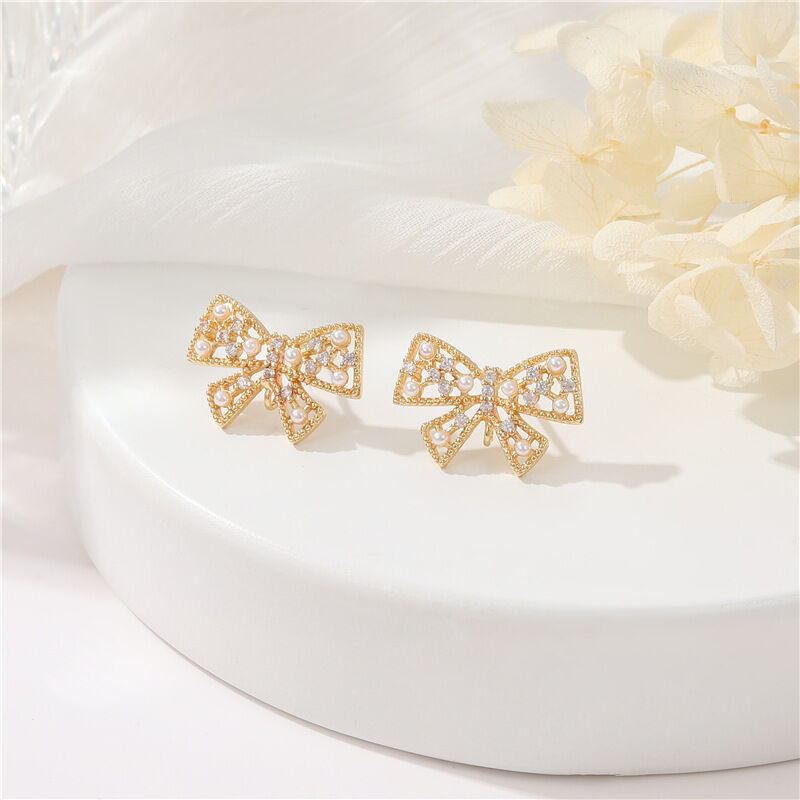Quality Factory Wholesale Fashion 14K Gold Zircon Pearl Women's Bow Tassel Pendant Studs Earrings DIY Earring Accessories factory