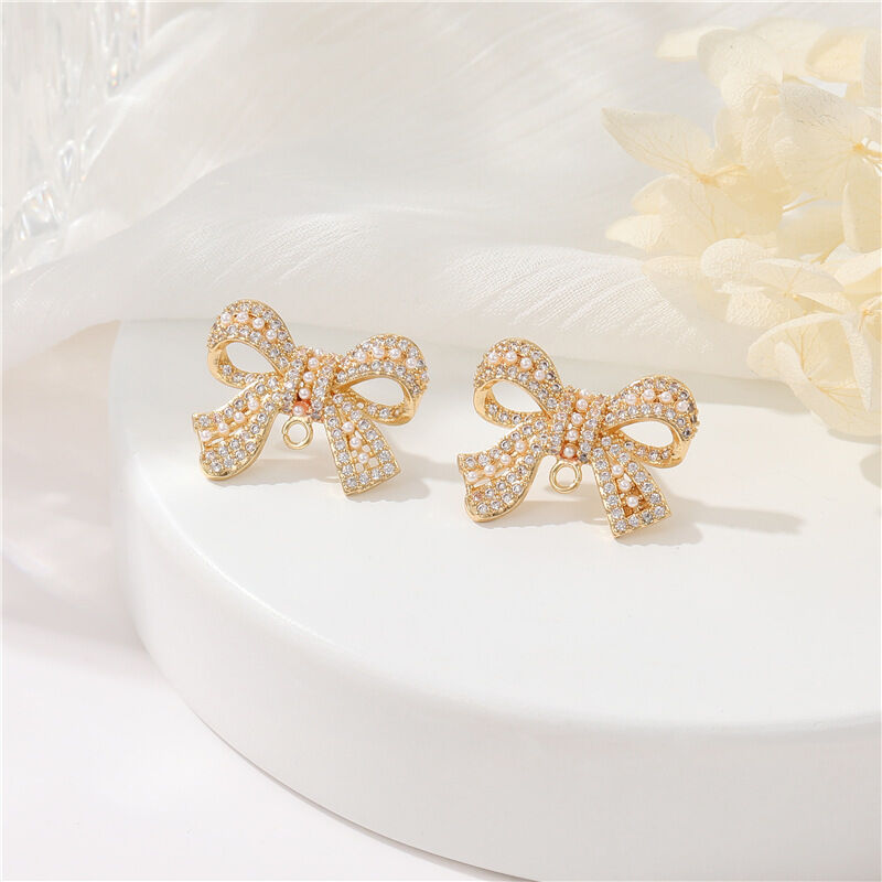 Quality Factory Wholesale Fashion 14K Gold Zircon Pearl Women's Bow Tassel Pendant Studs Earrings DIY Earring Accessories factory