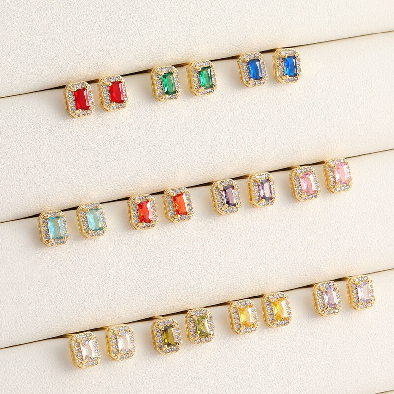 Quality Fashion 14K Gold-Plated Zircon Earrings Square Zircon Studs 925 Silver Needle Anti Allergic Earring factory