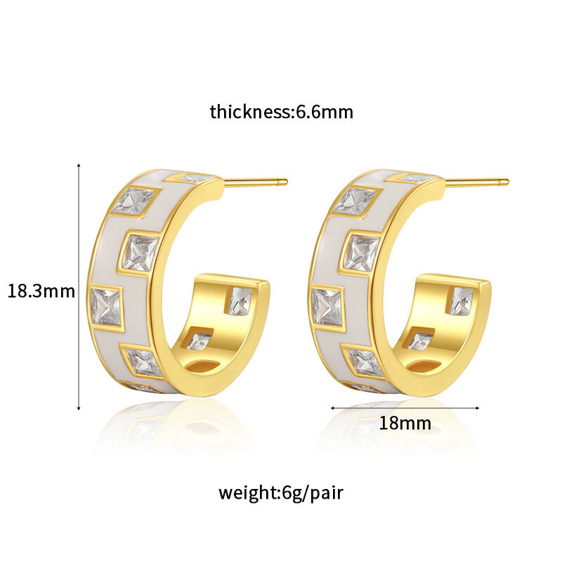 Quality Hot Selling Fashion White Black Enamel Zircon Flower Earring Half Circle C Shaped Silver Needle Women's Clover Studs Earrings factory