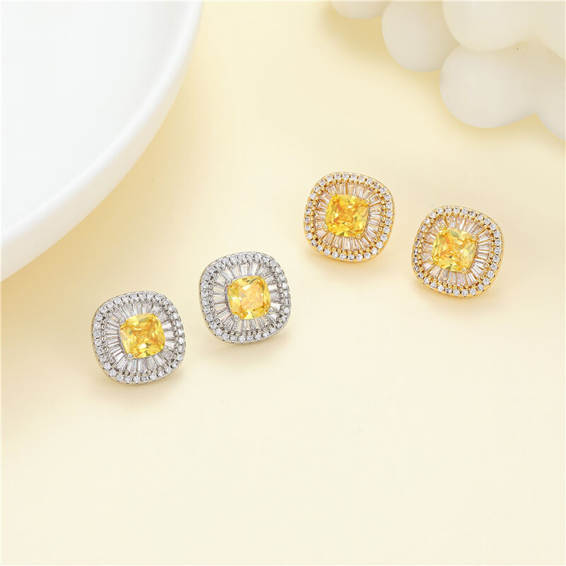 quality Wholesale Orange Zircon High Quality Jewelry Earrings Trendy Brass Square CZ Stud Earrings 14K Gold Silver Plating for Women factory