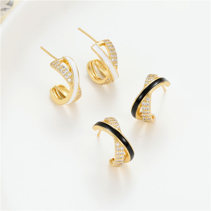 quality Jiexing Wholesale Trendy Drop Oil CZ Design X-shape Stud Earring Enamel White Black Color Jewelry Accessory for Women factory