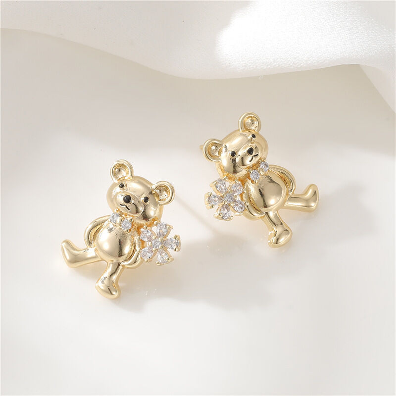 quality 14K Gold Plated Fashionable Zircon Jewelry Earrings with Bear Shaped Silver Needle Studs Cute Women's Jewelry Accessories factory