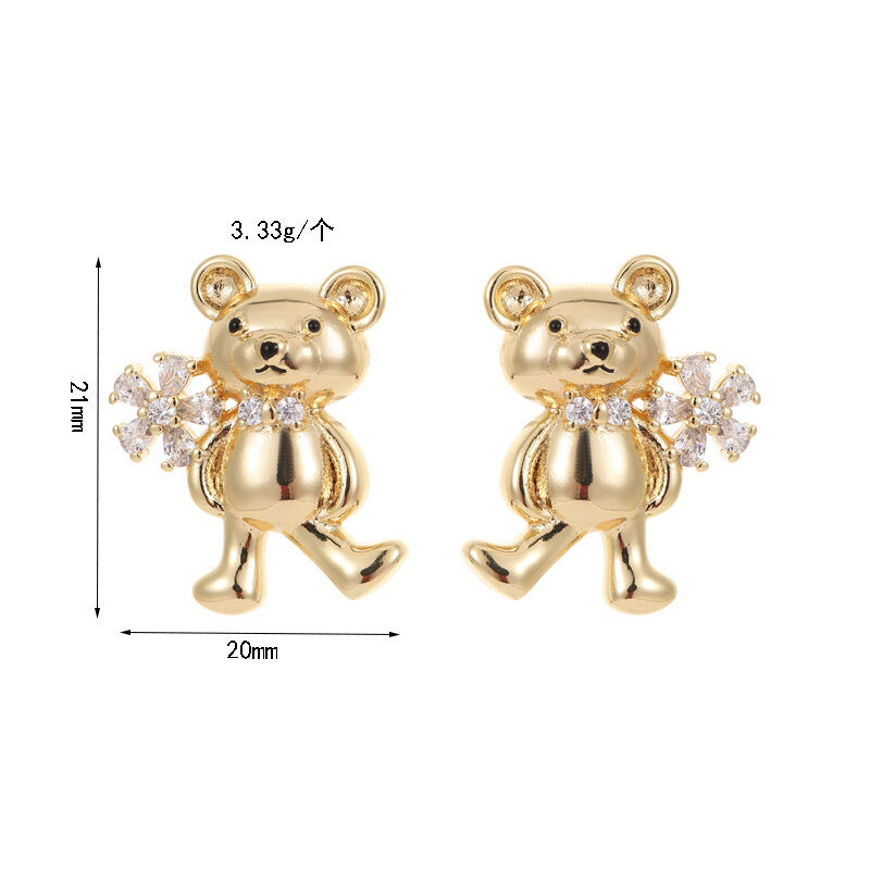 quality 14K Gold Plated Fashionable Zircon Jewelry Earrings with Bear Shaped Silver Needle Studs Cute Women's Jewelry Accessories factory
