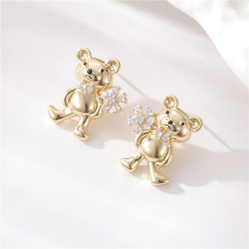 quality 14K Gold Plated Fashionable Zircon Jewelry Earrings with Bear Shaped Silver Needle Studs Cute Women's Jewelry Accessories factory
