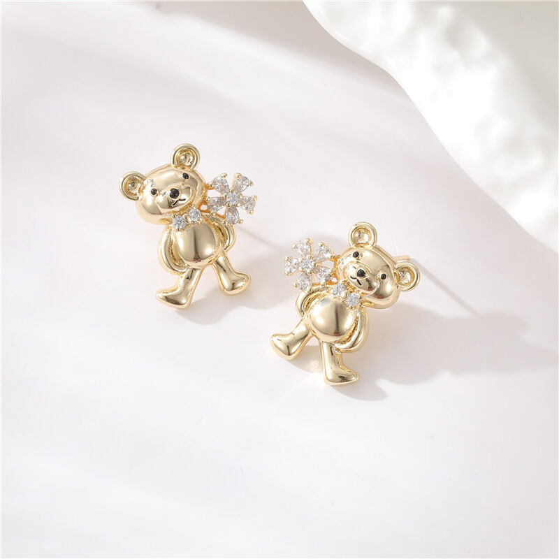 quality 14K Gold Plated Fashionable Zircon Jewelry Earrings with Bear Shaped Silver Needle Studs Cute Women's Jewelry Accessories factory