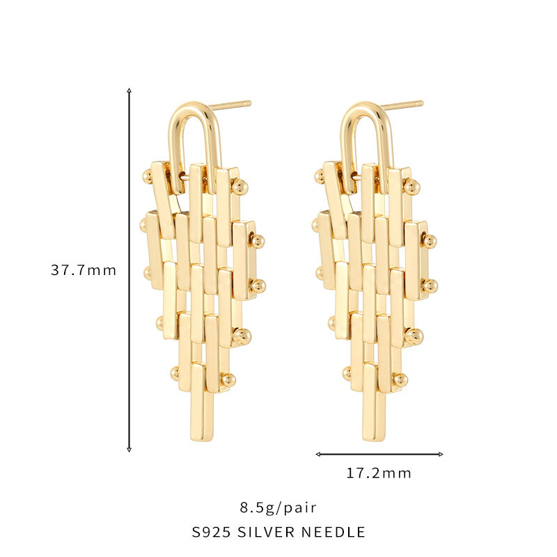 quality Trendy Stud Earring 14K Gold Plated Geometric Trapezoidal Cuban Link Chain Design Big 925 Silver Earrings for Women Girls factory