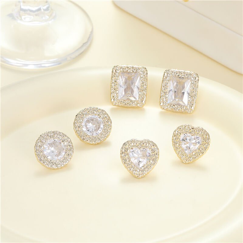 quality Wholesale 14K Gold Plated Brass Earring Trendy Inlaid Zircon Heart Square Round Shape Stud Earrings for Women factory