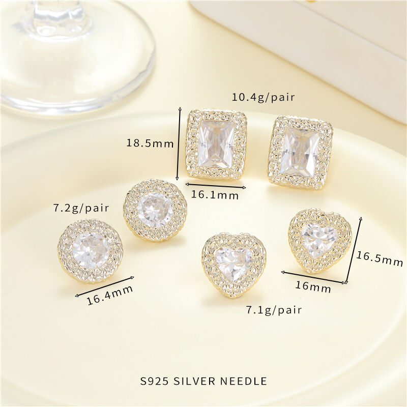 quality Wholesale 14K Gold Plated Brass Earring Trendy Inlaid Zircon Heart Square Round Shape Stud Earrings for Women factory