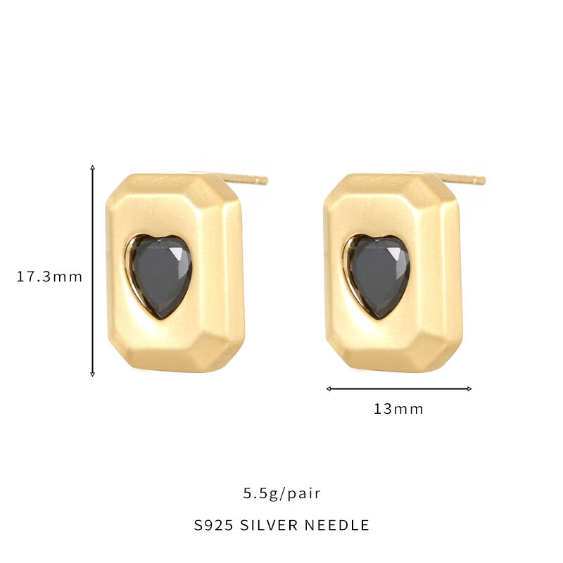 quality Wholesale Korean Style Trendy Brushed Effect Brass Square Heart CZ Stud Earrings High Quality Gold Silver Plating for Women factory