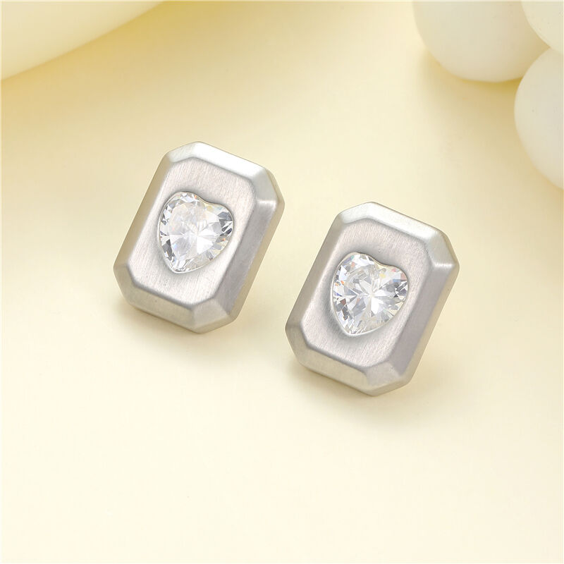 quality Wholesale Korean Style Trendy Brushed Effect Brass Square Heart CZ Stud Earrings High Quality Gold Silver Plating for Women factory