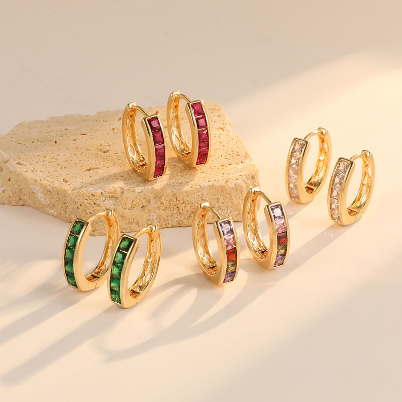 quality Wholesale Brass 14K Gold Plated Colorful Zircon Hoop Earring Hot Selling Round Shape Green White CZ Hoop Loop Earrings for Women factory