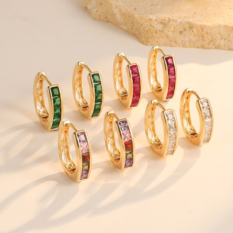 quality Wholesale Brass 14K Gold Plated Colorful Zircon Hoop Earring Hot Selling Round Shape Green White CZ Hoop Loop Earrings for Women factory