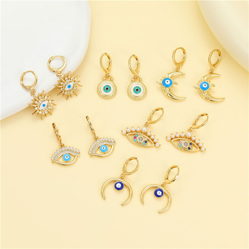 quality 14K Gold Enamel Evil Eye Vintage Pearl Sun Moon Micropaved Zircon Statement Huggie Hoop Earrings Jewelry factory
