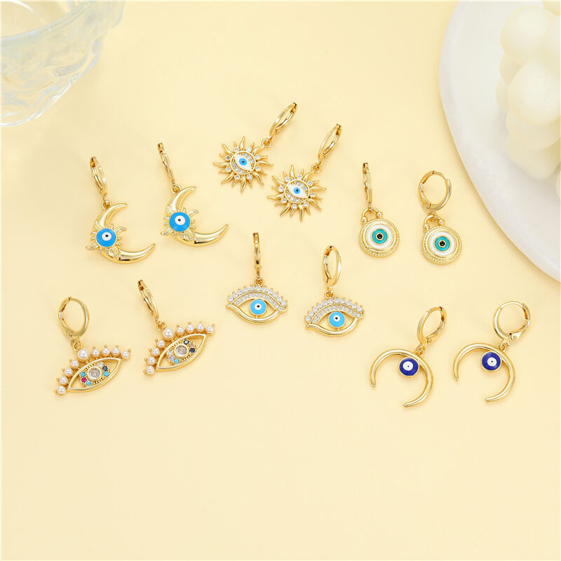 quality 14K Gold Enamel Evil Eye Vintage Pearl Sun Moon Micropaved Zircon Statement Huggie Hoop Earrings Jewelry factory
