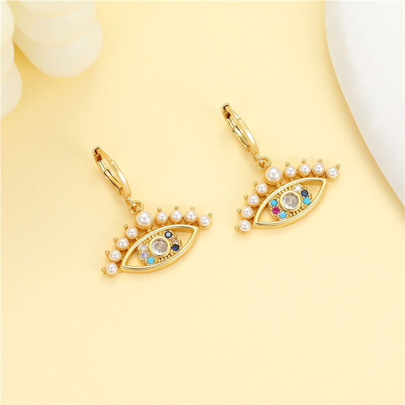 quality 14K Gold Enamel Evil Eye Vintage Pearl Sun Moon Micropaved Zircon Statement Huggie Hoop Earrings Jewelry factory