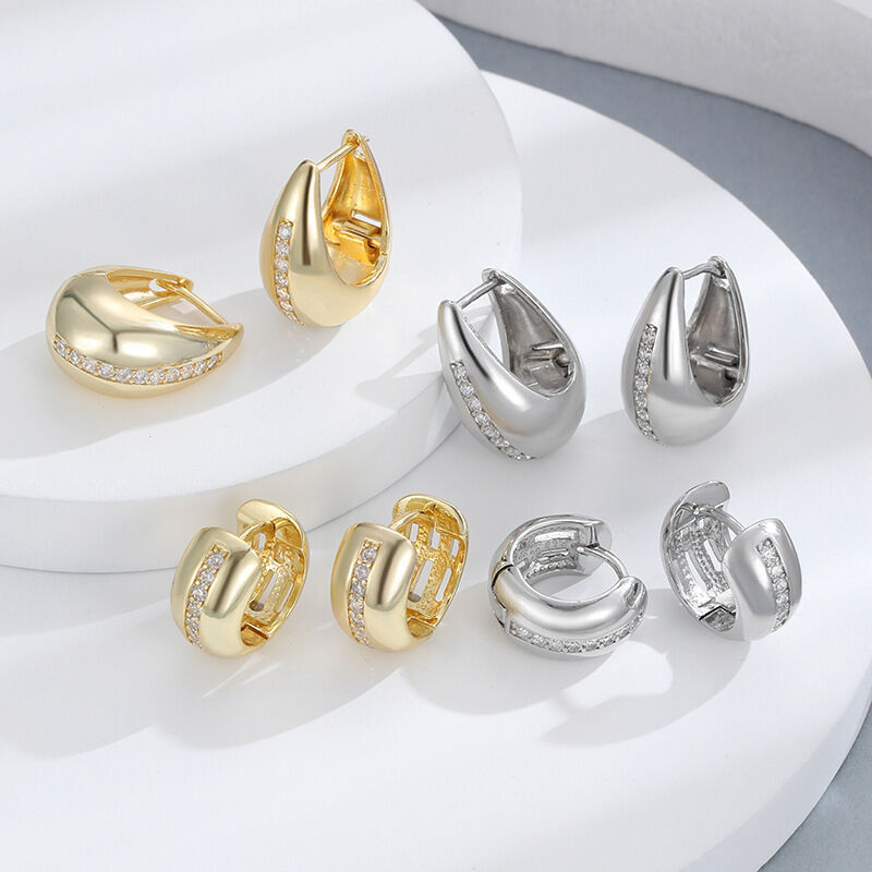 quality Popular 14K Gold Plated Brass Teardrop Shaped Zircon Round Huggie Earring Simple Versatile Elegant Women's Jewelry Hoop Earrings factory