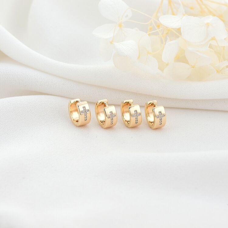 quality Wholesale Fashion 14K Gold Plated Jewelry Hoop Earrings With Round Zircon Cross and Heart Patterns Huggie Earring factory