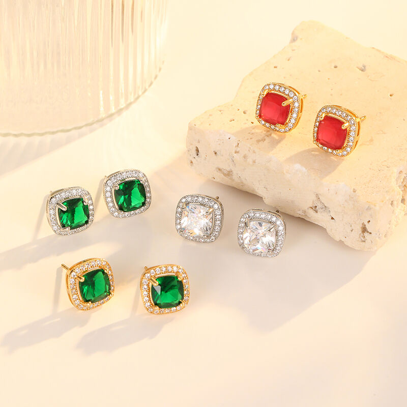 quality Hot Selling 18K Gold Plated Fashion Temperament Sugar Cube Zircon Dubai Earring Silver Post Women's Jewelry Studs Earrings factory