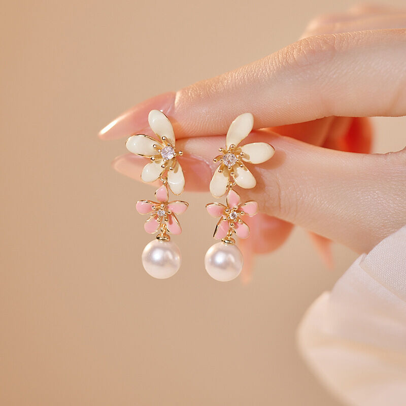 Quality Fashion Party Flower Pearl Stud Earring Factory Wholesale Custom Brass 14k Gold Plated Enamel Zircon Women's Jewelry Earrings factory