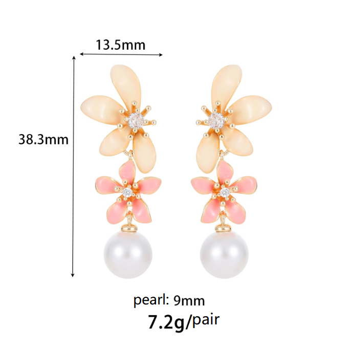 Quality Fashion Party Flower Pearl Stud Earring Factory Wholesale Custom Brass 14k Gold Plated Enamel Zircon Women's Jewelry Earrings factory