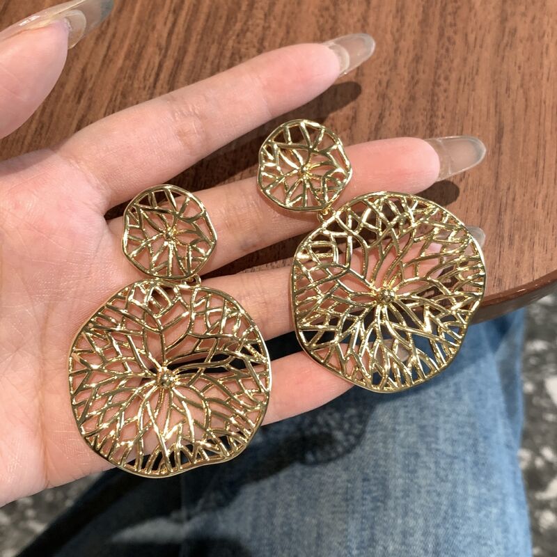 quality Wholesale Fashion Brass  Plated 14K Gold Statement Double Round Flower Stud Earring WaterproofVintage Jewelry Party Earrings factory