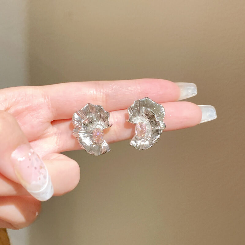 quality Fashion New Design Women Jewelry Earrings Pink and White Zircon Flower Petals 925 Silver Post with Left and Right Studs Earring factory