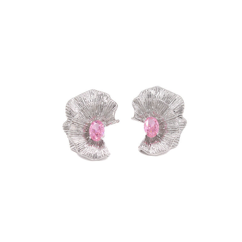 quality Fashion New Design Women Jewelry Earrings Pink and White Zircon Flower Petals 925 Silver Post with Left and Right Studs Earring factory