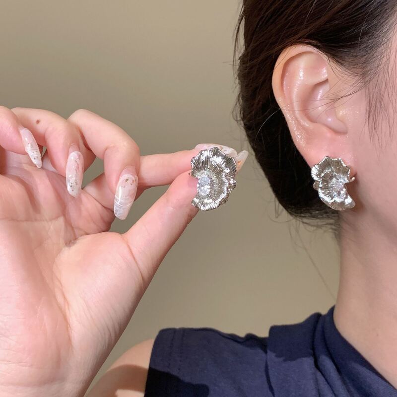 quality Fashion New Design Women Jewelry Earrings Pink and White Zircon Flower Petals 925 Silver Post with Left and Right Studs Earring factory