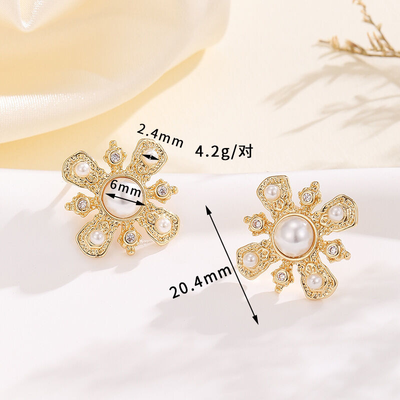 quality Fashion Brass Gold Plated Earring Round Mosquito Coil Flower Pearl Inlaid Zircon Studs DIY Geometric Women's Jewelry Earrings factory