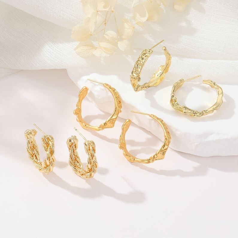 quality Popular Silver Needle Fashion C Ring Earring Vintage Old Gold Folded Irregular Women's Jewelry Earrings factory