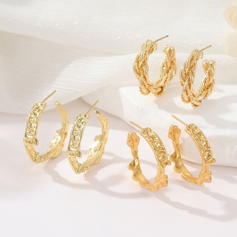 quality Popular Silver Needle Fashion C Ring Earring Vintage Old Gold Folded Irregular Women's Jewelry Earrings factory