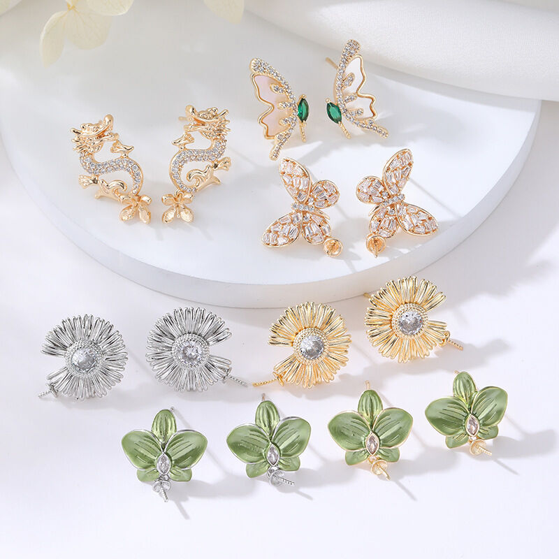 quality Brass 14K Gold Plated 925 Silver Needle Zircon Dragon Flower Butterfly Enamel Leaf DIY Jewelry Earrings Accessories factory